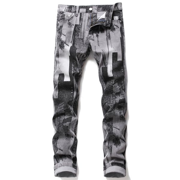 

men's jeans men straight trousers male soft slim fit business printing designer casual biker pants pantalon hombre homme, Blue