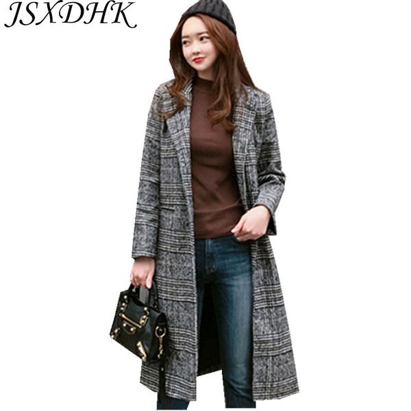 

jsxdhk autumn winter women woollen outerwear 2018 runway black plaid tweed blends wool turn down collar casual long wool coat