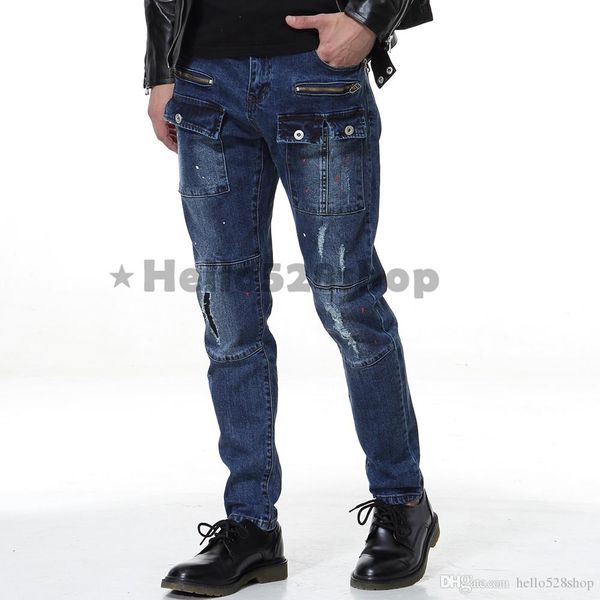

hello528shop autumn new men's hole ripped jeans designer cotton trousers multi-pocket style mid waist straight pants for man, Blue