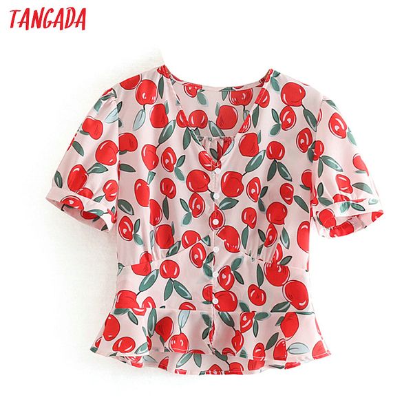 

tangada women tunics cherry print blouse v neck short sleeve chic crop shirt blusas femininas ce126, White