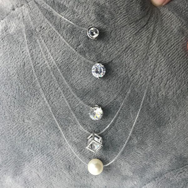 

sumeng new personality fashion square imitation pearl crystal zircon necklace invisible transparent fishing line necklace women necklaces pe, Silver