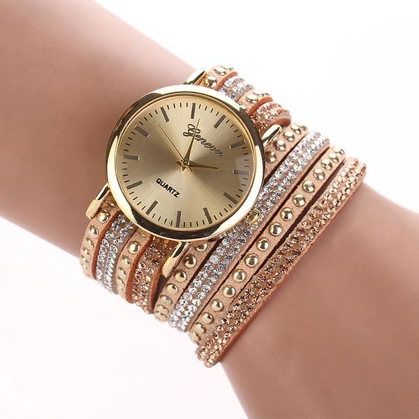 

otoky women crystal rivet bracelet quartz braided winding wrap wristwatch bracelet quartz yy04, Slivery;brown