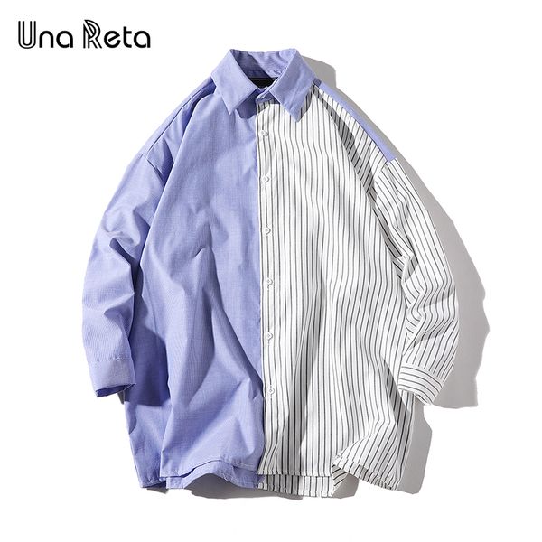

una reta summer striped thin men shirt new brand hip-hop shirt coat men streetwear loose single breasted stitching color shirts, White;black