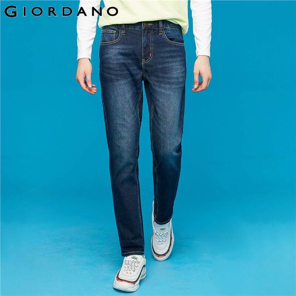 

giordano men jeans mid waist slim fit denim pants moustache effect stretchy calca jeans masculina 01119068, Blue