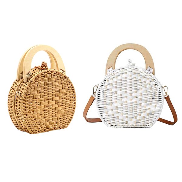 

abdb-2pcs woman fashion wooden handle rattan knit bag white straw bag shoulder messenger - white & camel color