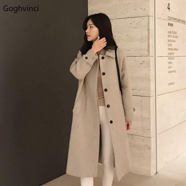 

wool winter coat women single breasted simple all match womens korean style new fashion long coats elegant females clothing chic, Black