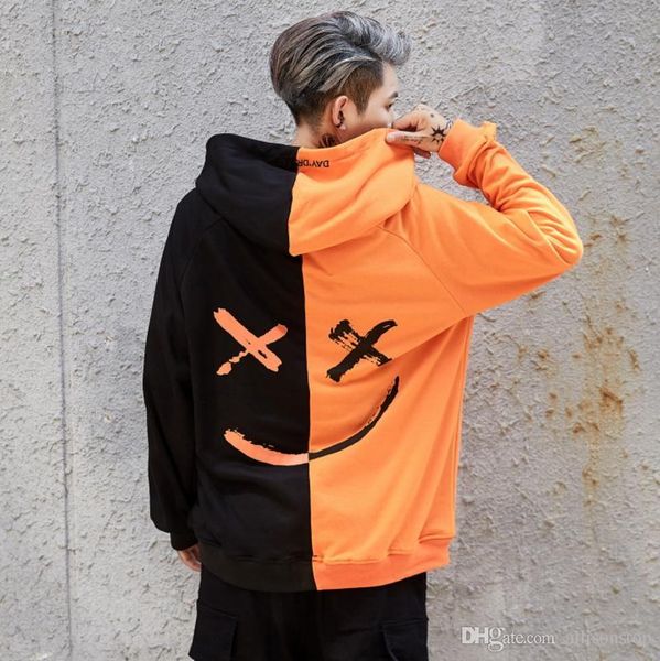 

mens высокого качества смайлик печатных толстовки цвет блок lovers лоскутная толстовка для мужчин с длинным рукавом hip hop прохладный дизай, Black