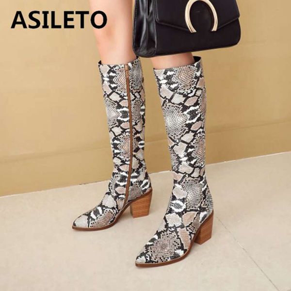 

asileto genuine cow leather snake boots women knee booties block heels western long boot zipper pointed toe large size 43 botas, Black