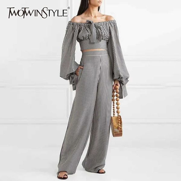 

twotwinstyle striped two piece set off shoulder lantern long sleeve bowknot crop high waist wide leg pants 2018 womens suit, White