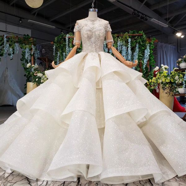 

свадебное платье роскошный арабский дубаи высокая шея половина рукава кристалл блесток картины бисером кружевные вверх назад готические свад, White