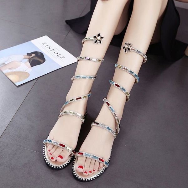 

rhinestone sandals strappy heels fashion womens shoes 2020 slip-on loafers summer women's suit female beige with lace up, Black