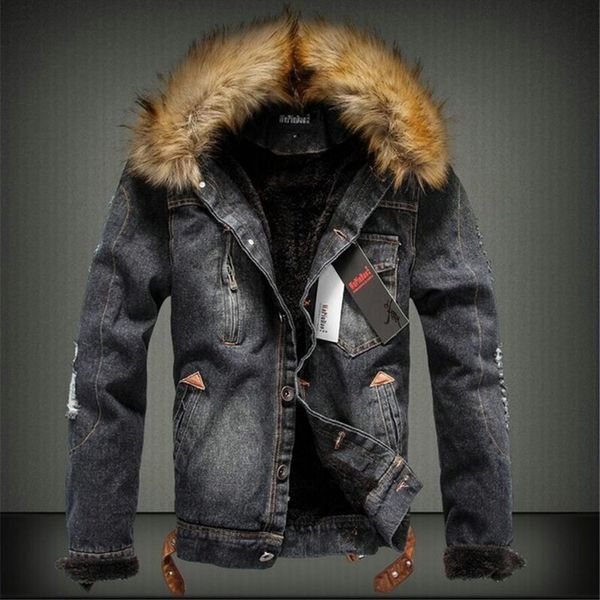 

winter thick denim jacket men fur collar retro ripped men warm fleece jeans parkas winter casual coat parkas for male j0357, Tan;black