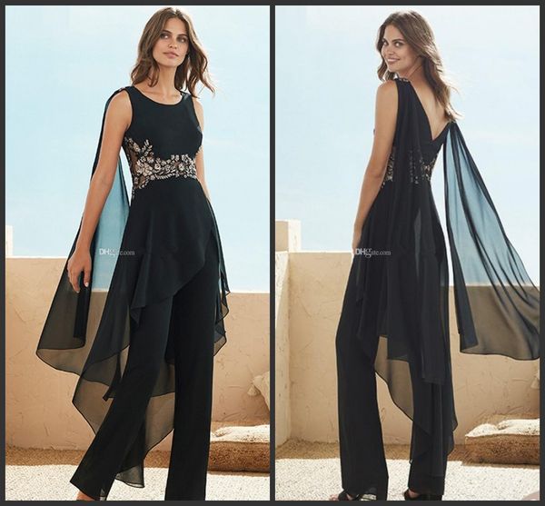 

черный бисером длинные рукава мать невесты брюки костюмы драгоценный камень шеи аппликация свадебное платье для гостей плюс размер шифон мат, Black;red