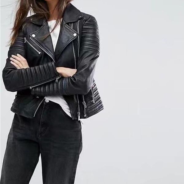 

casual women pu leather jacket ladies autumn motorbike short coat female turn down biker zipper faux leather jacket, Black