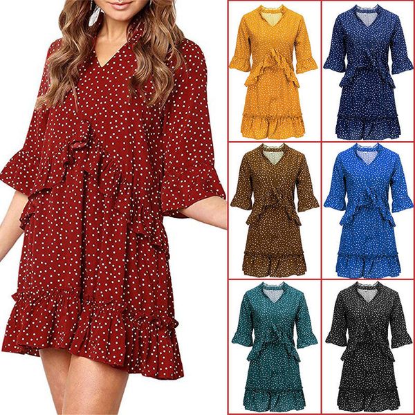 

2019 suit-dress loose v lead lotus leaf edge chiffon wave point dress summer