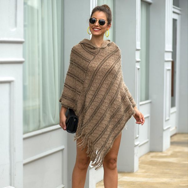 

2019 woman sweater european style tassel cloak batwing sleeve knit clothes striped female sweater, Black