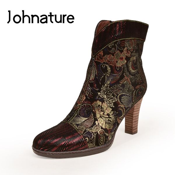 

johnature thin heels genuine leather ankle boots women shoes round toe 2019 new autumn winter hand-painted sewing women boots, Black