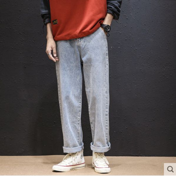 

light blue japanese men loose jeans new han edition tide boys loose straight long pants