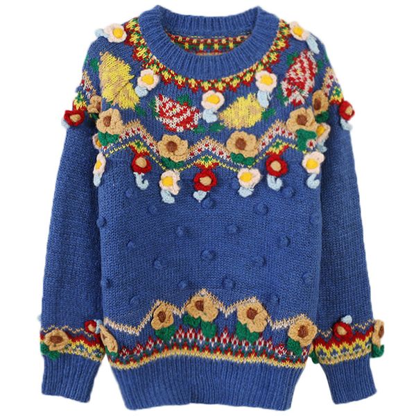

brand designer women embroidered wool sweaters 2019 autumn winter fashion style manual beaded flowers pullover loose jumpers outwear, White;black