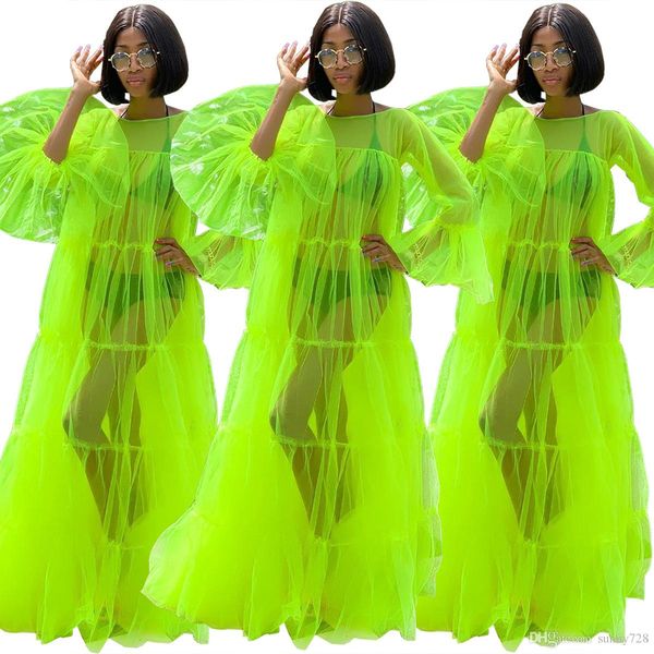 

green mesh puffy long sleeves a line women casual dress 2020 see through pleats ruffles floor length beach nightclub dresses, Black;gray