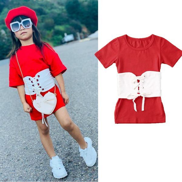 

0-5y toddler baby kid girls red short sleeve dress straight style casual dress+belt summer children girls costumes, Red;yellow