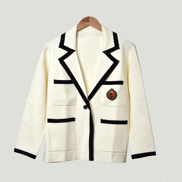 

2020 spring new preppy style women's knitted cardigan sweater embroidery badge single button ladies suit jacket coat female, White;black