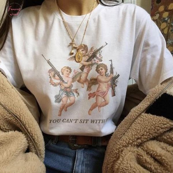 

harajuku t shirt women you cant sit with us three angels tee shirt loose fun t shirt cartoon letter print camisetas, White
