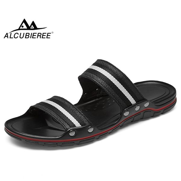 

alcubieree summer breathable mens sandals striped slippers flat flip flops for man sandals outdoor beach shoes non-slip slides, Black