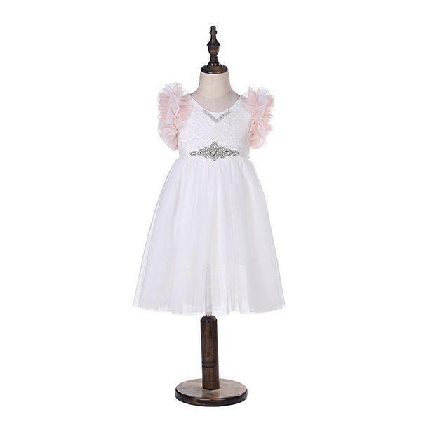 

girls lace embroidery dress kids tiered ruffle fly sleeve princess dress children rhinestones belt lace tulle dress girl party dresses z11, Red;yellow