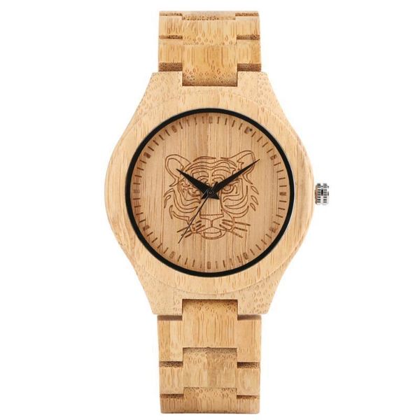

pure bamboo wood men watch etching animal head display men's casual wooden bangle wrist watches folding clock quartz timepiece, Slivery;brown