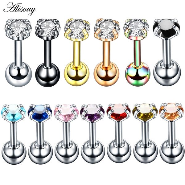 

alisouy 2pcs 4mm round crystal zircon tragus piercing ear cartilage earrings 316l surgical steel body jewelry helix piercing, Slivery;golden