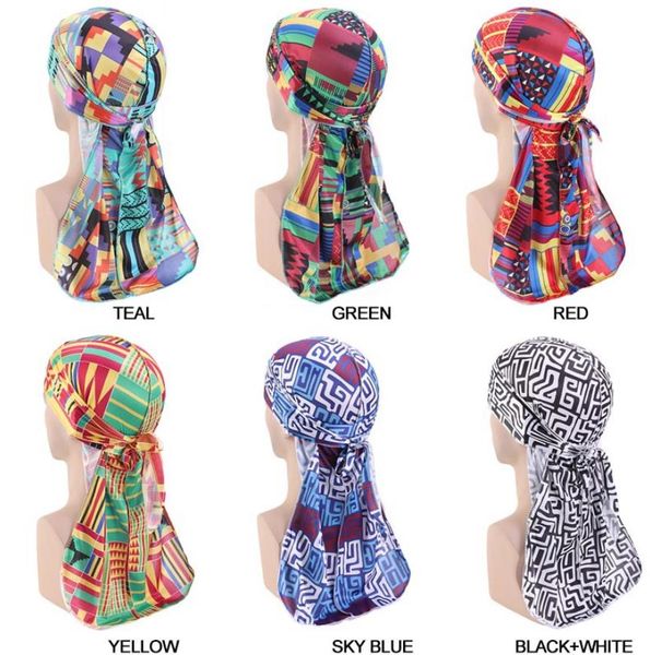 

african pattern ankara print silky durags for men and women new wide band long tail pirate hat hip hop caps