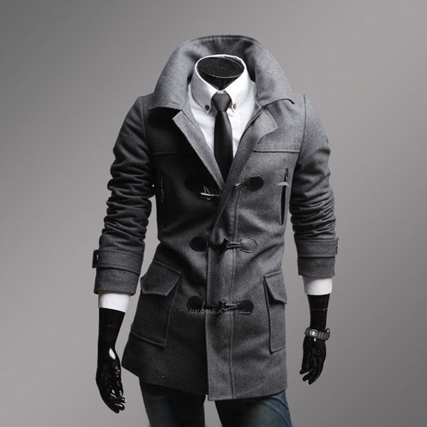 

winter men casual slim fit wool trench coat horn button woolen overcoat men's hooded coat jackets detachable cap windbreaker, Tan;black