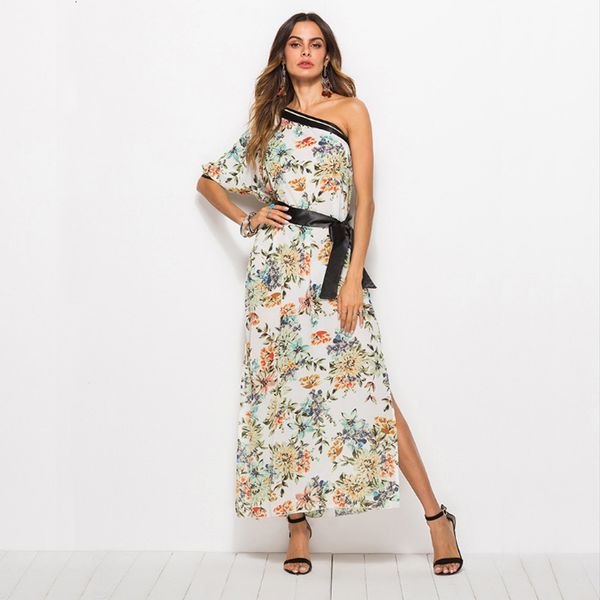 

women's one shoulder dress 2019 fashion slash neck white chiffon long summer dress floral boho maxi dresses for women vestidos, Black;gray