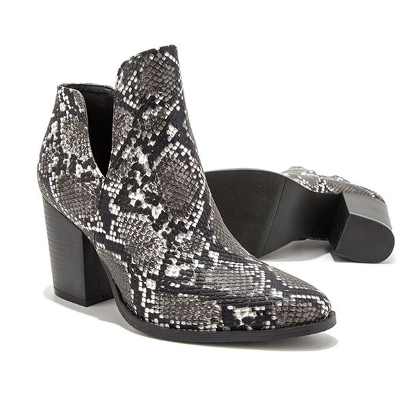 

women's pointed high-heeled fashion snake pattern shoes boots large size booties thick-snake print women's ankle boots new f104, Black