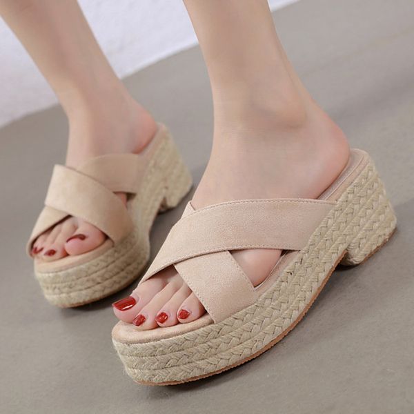 

med on a wedge slippers women summer shoes woman 2020 pantofle slides platform new flat pu basic rubber rome, Black