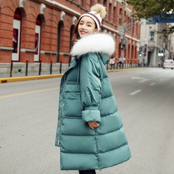 

long hoodie down coat winter women temperament fur collar hoodie zipper double breasted thick loose office lady down jacket, Black