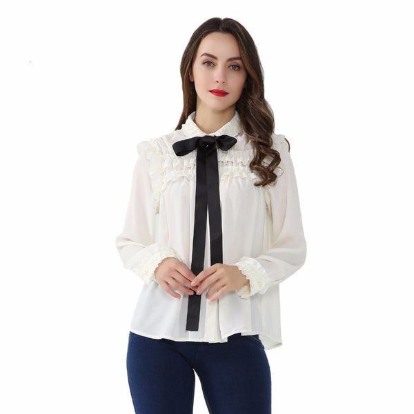 

womens blouses blouse woman women sweet bow tie neck ruffles chiffon shirts pleated long sleeve loose ladies casual blusas lt2315, White