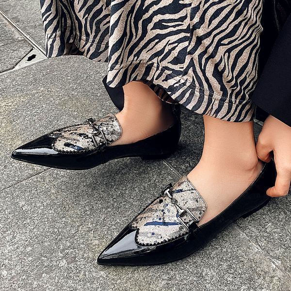 

pointed toe women shoes genuine leather women low heel shoes snake printed metal buckles lock patent ladies slip-on heels, Black