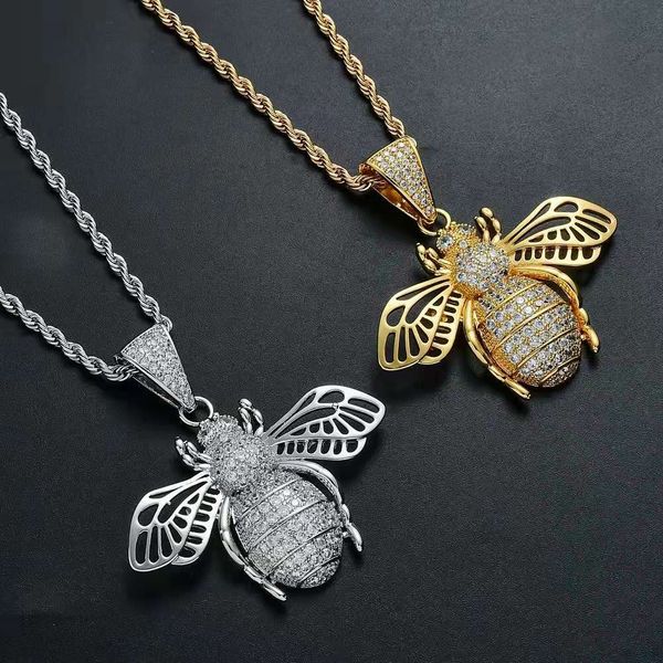 

iced out bee pendant necklace for men luxury designer mens bling diamond animal bee pendant 18k gold plated copper zircon jewelry love gift, Silver