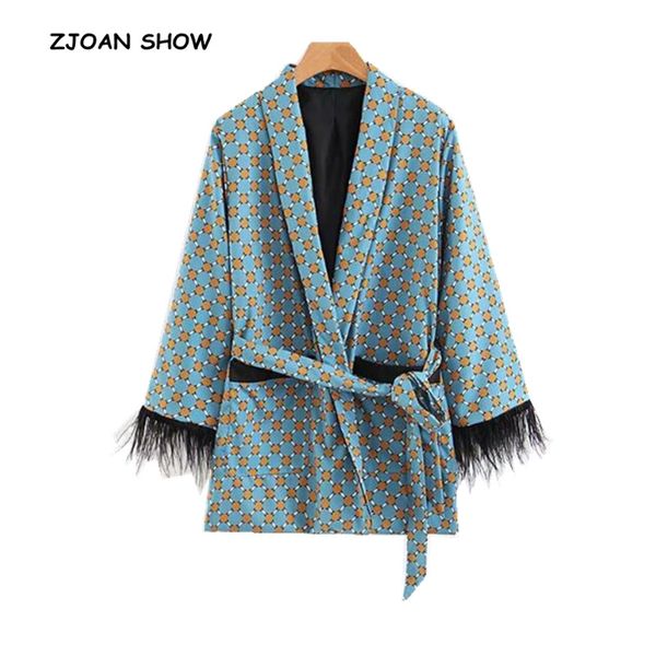 

retro geometric dot print sashes waist blazer casual 2018 woman feather tassel cuff slim fit mid long suit jacket coat outerwear, White;black