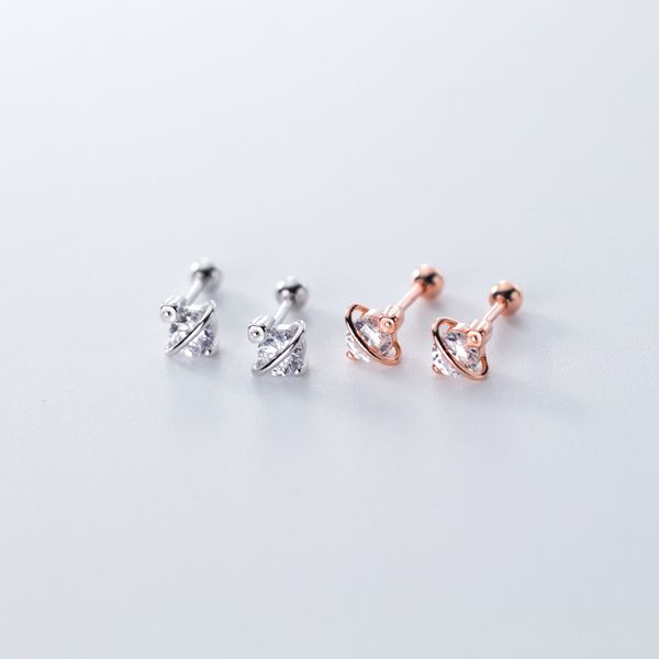 

925 sterling silver shiny round crystal zircon planet bead spiral stud earrings for women daughter girls jewelry, Golden;silver
