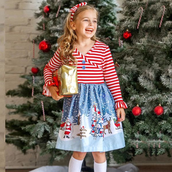 

2019 sale spring autumn toddler baby kid girls christmas santa striped patchwork princess party dresses baby-clothes, Red;yellow