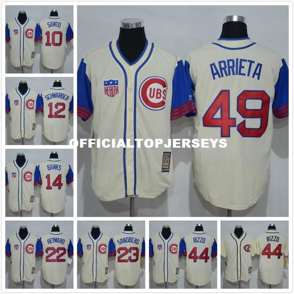 

12 kyle schwarber 10 ron santo 49 arrieta 17 kris bryant stitched beige jersey retro jersey, Black;blue