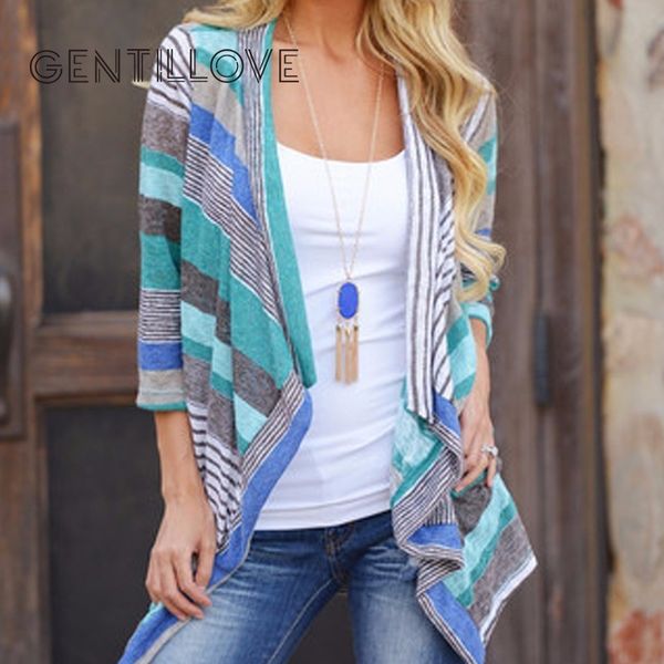 

gentillove women's 3/4 sleeve cardigans striped printed open front draped kimono loose cardigan 2019 spring new plus size, White;black