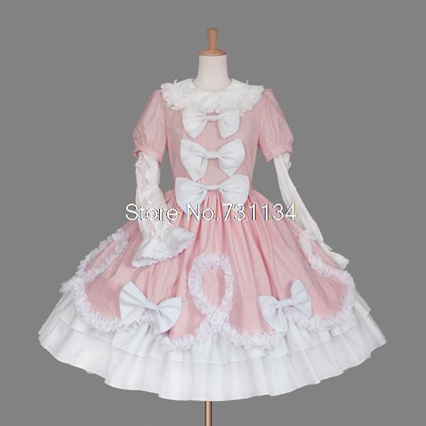 

pink cotton bows long sleeves lace sweet princess lolita dress for women customized, Black;red