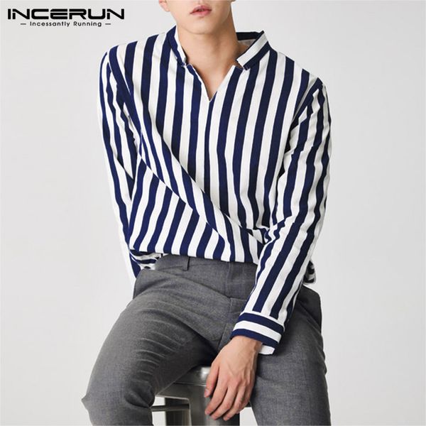 

incerun мужчины полосатый с длинным рукавом стенд воротник бизнес повседневная рубашка fashion street trend joker comfort багги mens pullove, White;black