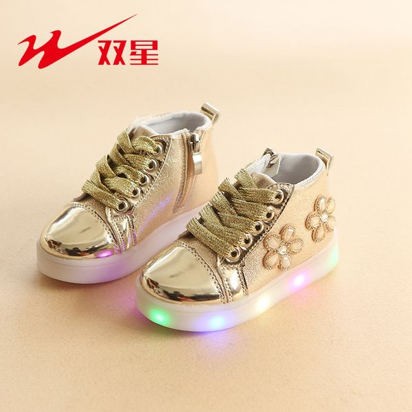 

double star casual light children's shoes flower diamond cartoon led shoes for boys and girls led skateboarding for girls, Black;red