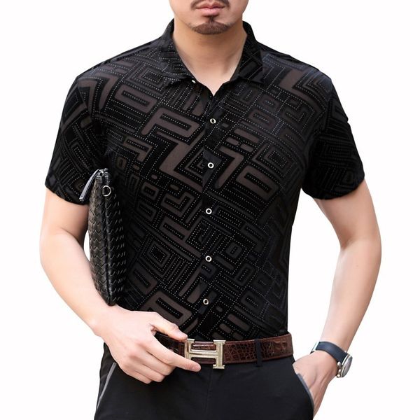 

irregular lattice transparent short sleeve shirt hc fashion streetwear velvet shirt hawaiian man camisa social, White;black