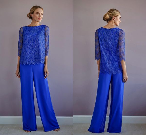 gelin elbiseler 2020 Dantel 3/4 Uzun Kollu Düğün Damat Parti Abiye Giyim Kadınlar Kraliyet Mavi 2 Adet Pantolon Suit anne